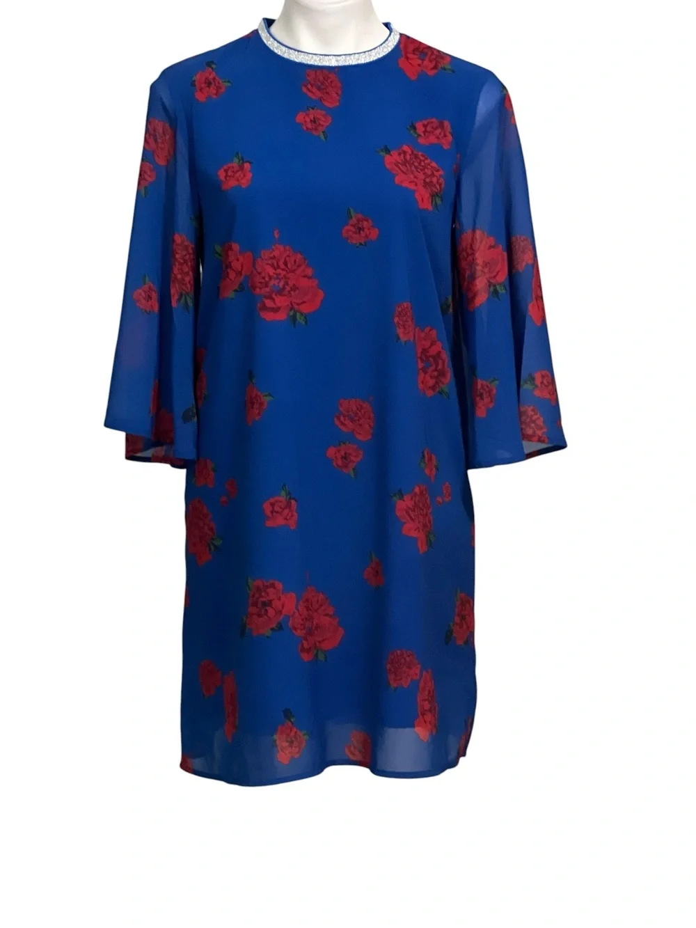 United Colors Of Benetton dress‎ sz M Blue Dress Floral Print sheer sleeve